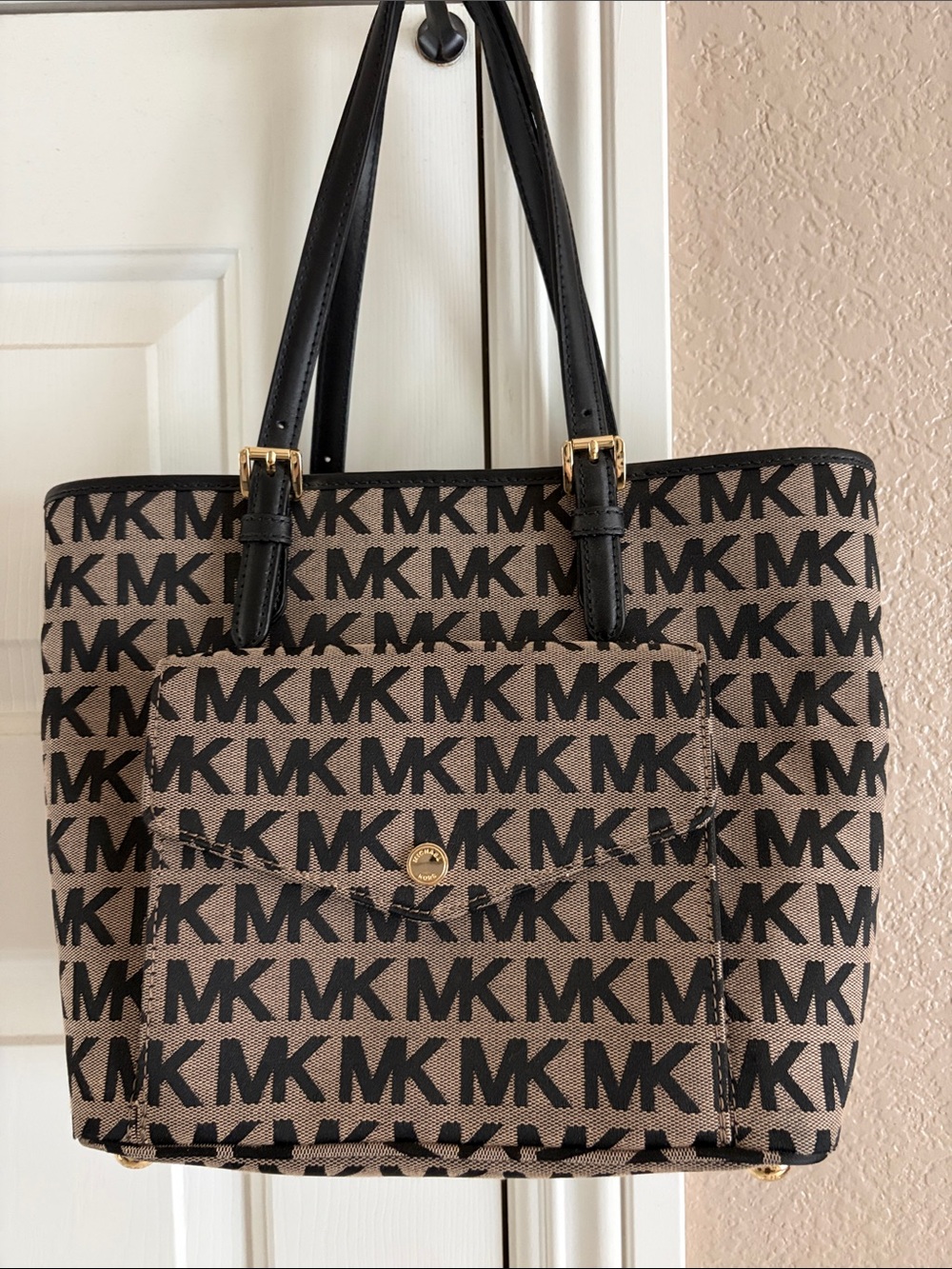 Michael Kors Black & Beige MK Logo Tote with Front Pocket